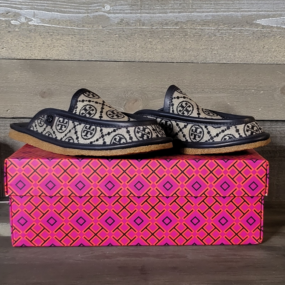 BNIB Tory Burch Monogram Buddy Mule Jaquard Calf Leather